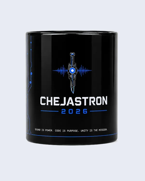 Taza Chejastron 2026 — vista frontal negra con diseño Pistola Espada